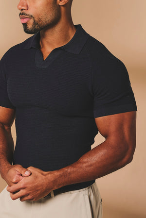 Textured Knitted Open Collar Polo Shirt in Navy