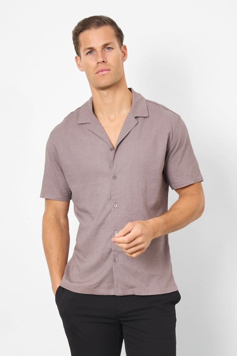Linen Blend Cuban Collar Shirt in Truffle - TAILORED ATHLETE - ROW