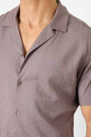 Linen Blend Cuban Collar Shirt in Truffle - TAILORED ATHLETE - ROW