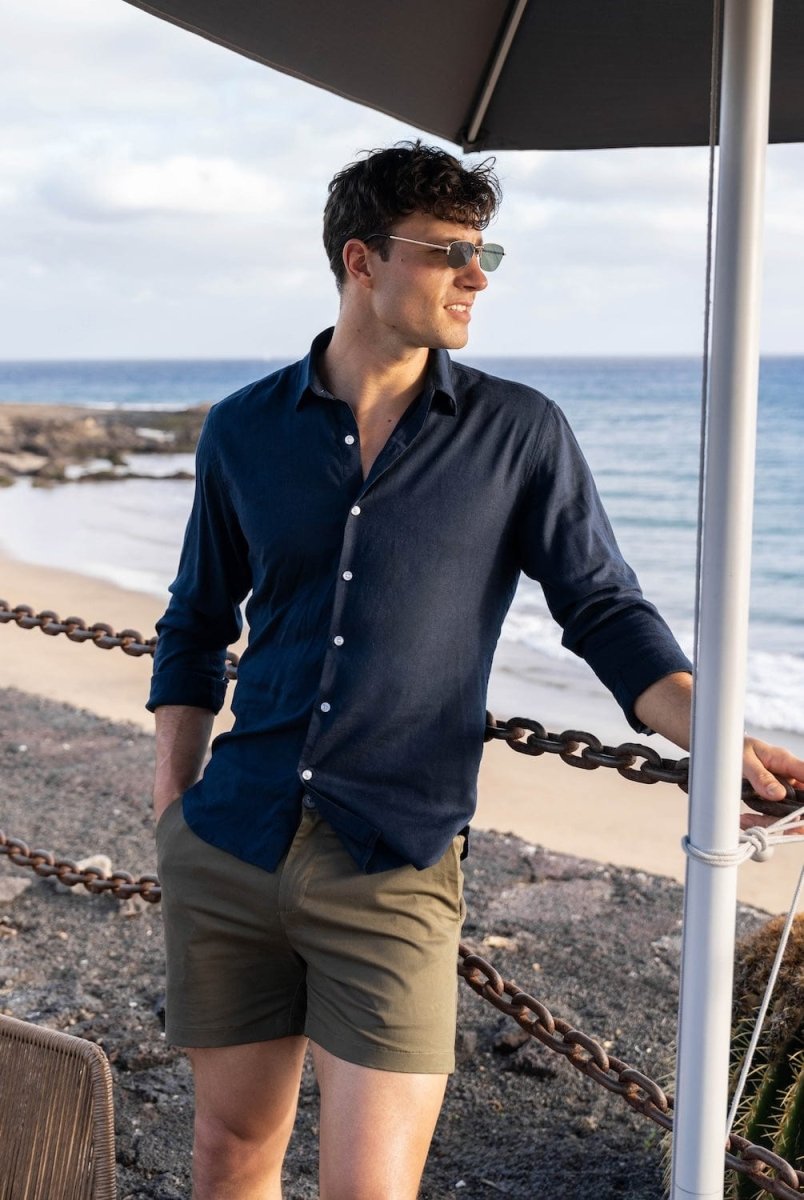 Linen Blend Button Through Shirt in Navy - TAILORED ATHLETE - ROW