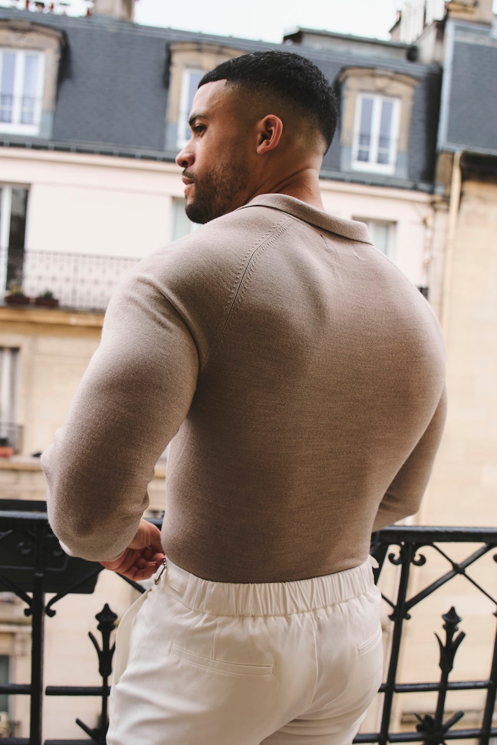 Extra Fine Merino Wool Open Collar Polo Shirt in Wheat Marl