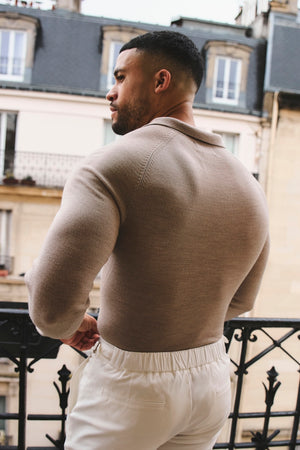 Extra Fine Merino Wool Open Collar Polo Shirt in Wheat Marl