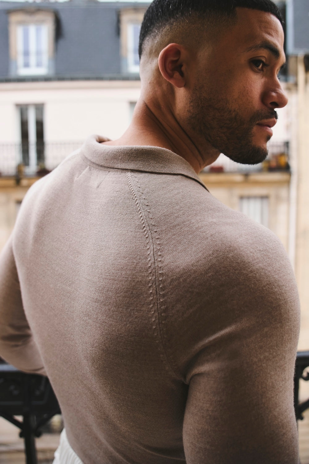 Extra Fine Merino Wool Open Collar Polo Shirt in Wheat Marl