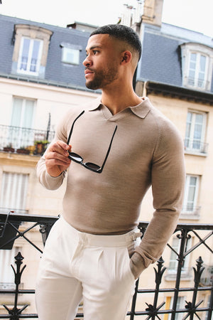 Extra Fine Merino Wool Open Collar Polo Shirt in Wheat Marl
