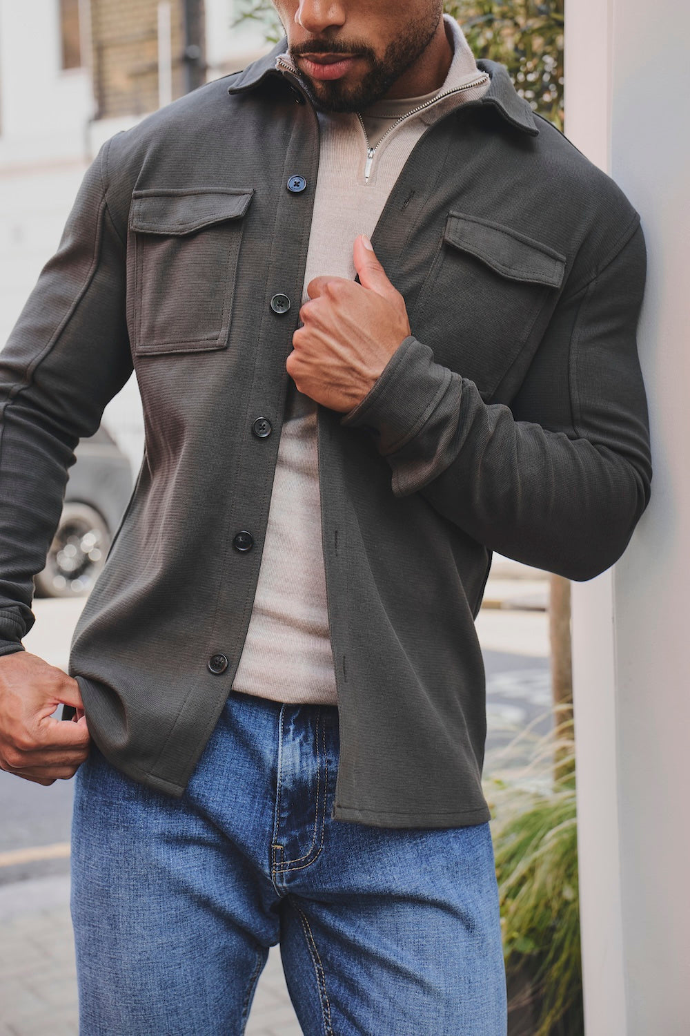 Textured Jersey Overshirt in Olive