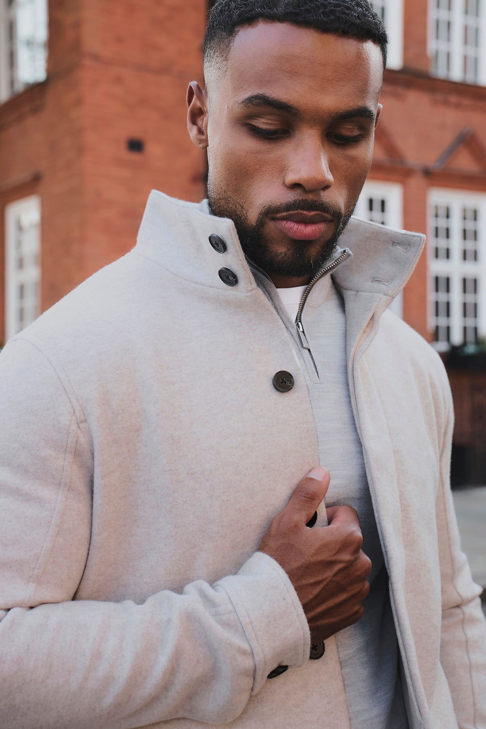 Funnel Neck Short Jacket in Stone