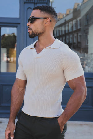 Textured Knitted Open Collar Polo Shirt in Alabaster