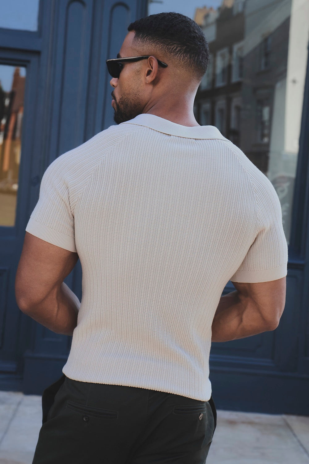 Textured Knitted Open Collar Polo Shirt in Alabaster