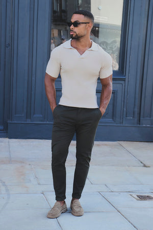 Textured Knitted Open Collar Polo Shirt in Alabaster
