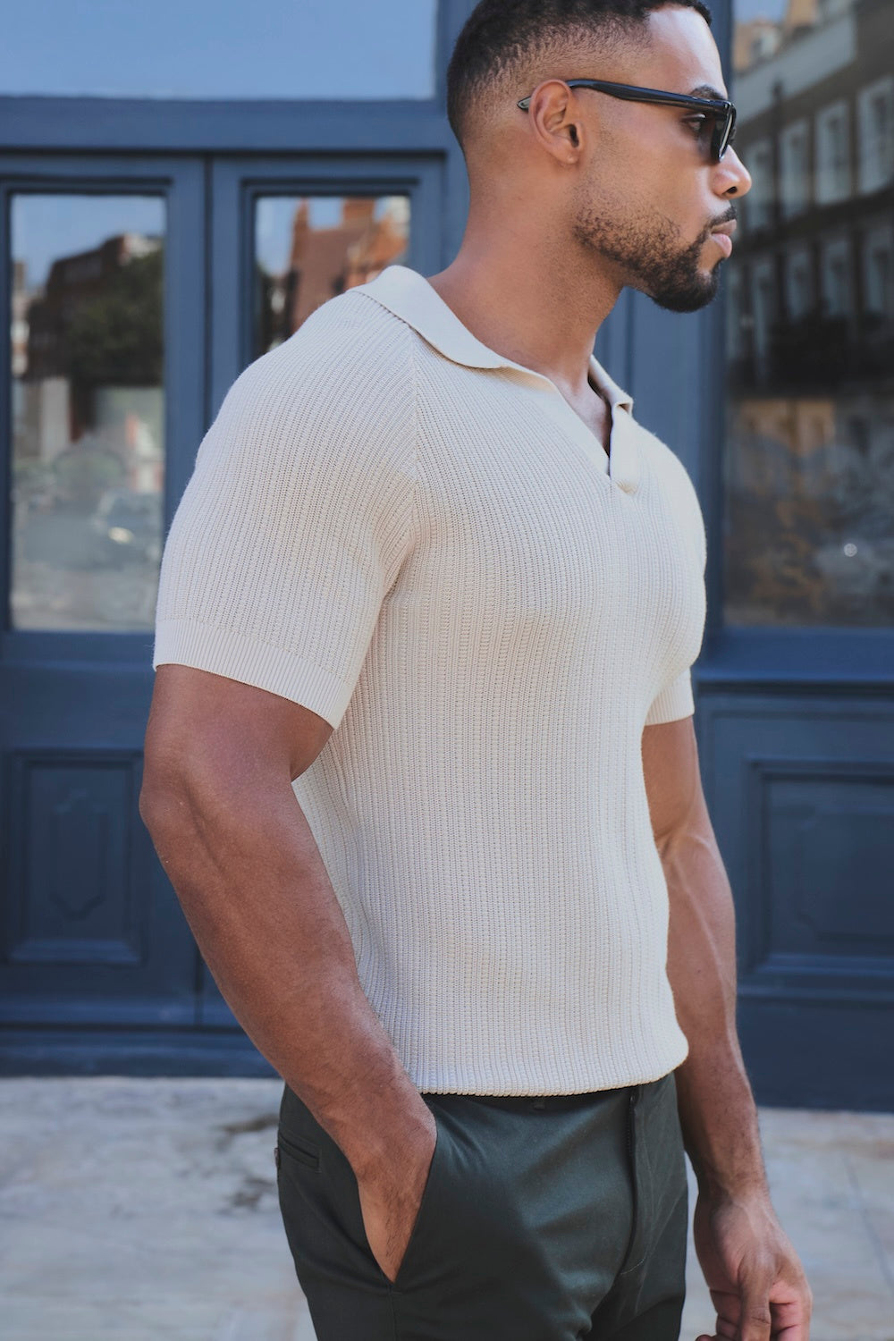 Textured Knitted Open Collar Polo Shirt in Alabaster