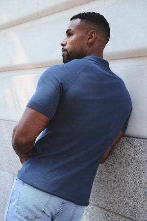 Open Collar Knitted Polo Shirt in Slate Blue