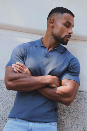 Open Collar Knitted Polo Shirt in Slate Blue