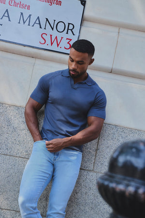 Open Collar Knitted Polo Shirt in Slate Blue