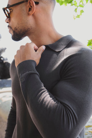 Pure Cotton Knitted Open Collar Polo Shirt in Chocolate