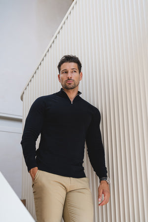 Extra Fine Merino Wool Half Zip Neck Jumper in Black