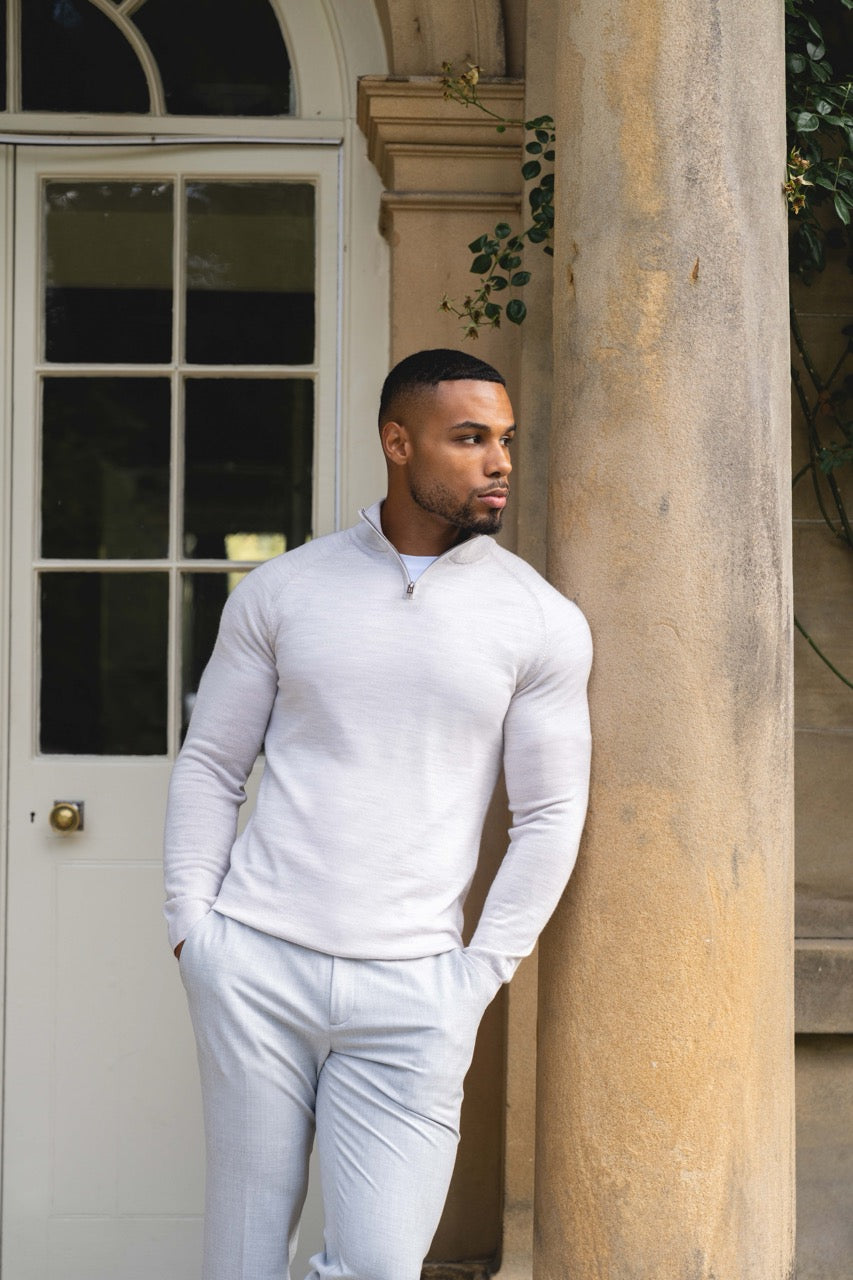 Extra Fine Merino Wool Half Zip Neck Jumper in Silver Grey Marl