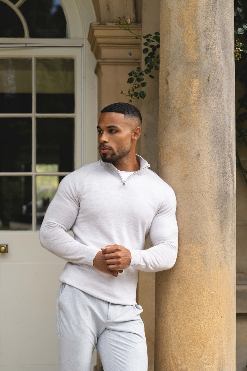 Extra Fine Merino Wool Half Zip Neck Jumper in Silver Grey Marl