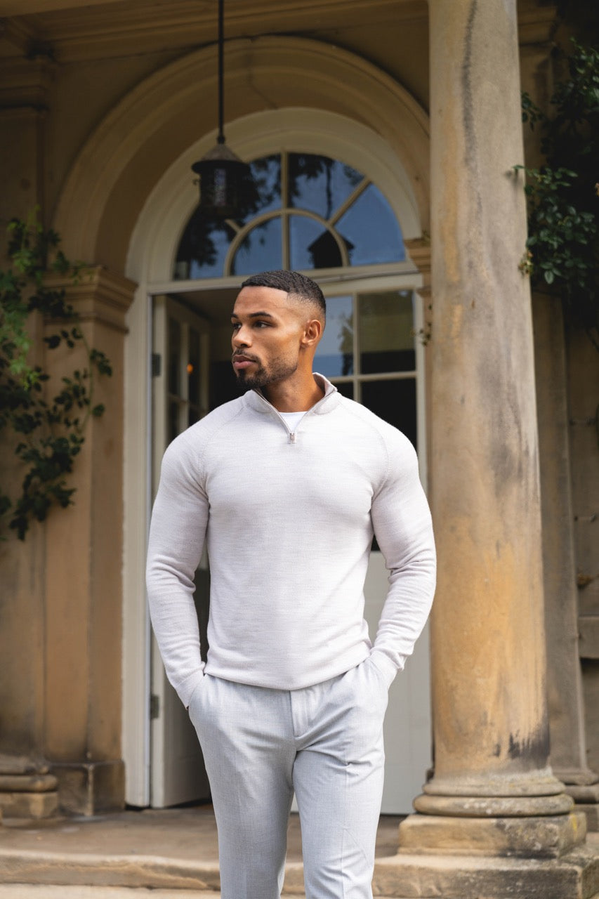 Extra Fine Merino Wool Half Zip Neck Jumper in Silver Grey Marl