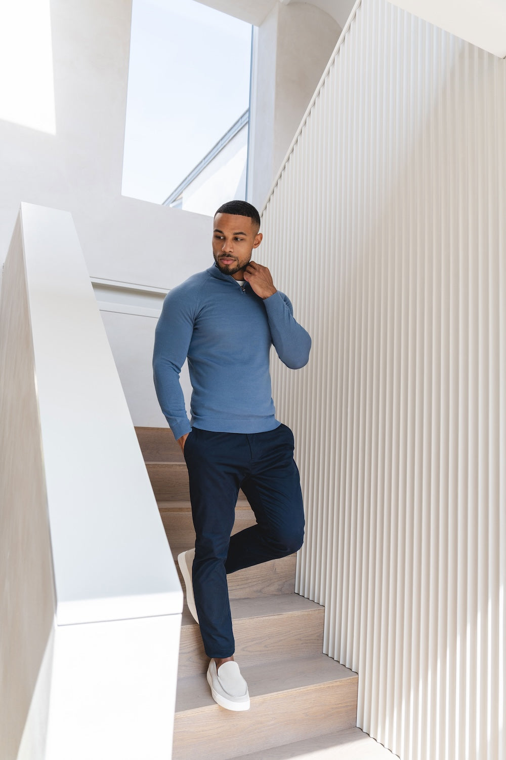 Extra Fine Merino Wool Half Zip Neck Jumper in Airforce Blue
