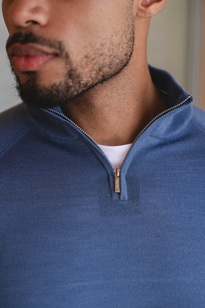 Extra Fine Merino Wool Half Zip Neck Jumper in Airforce Blue