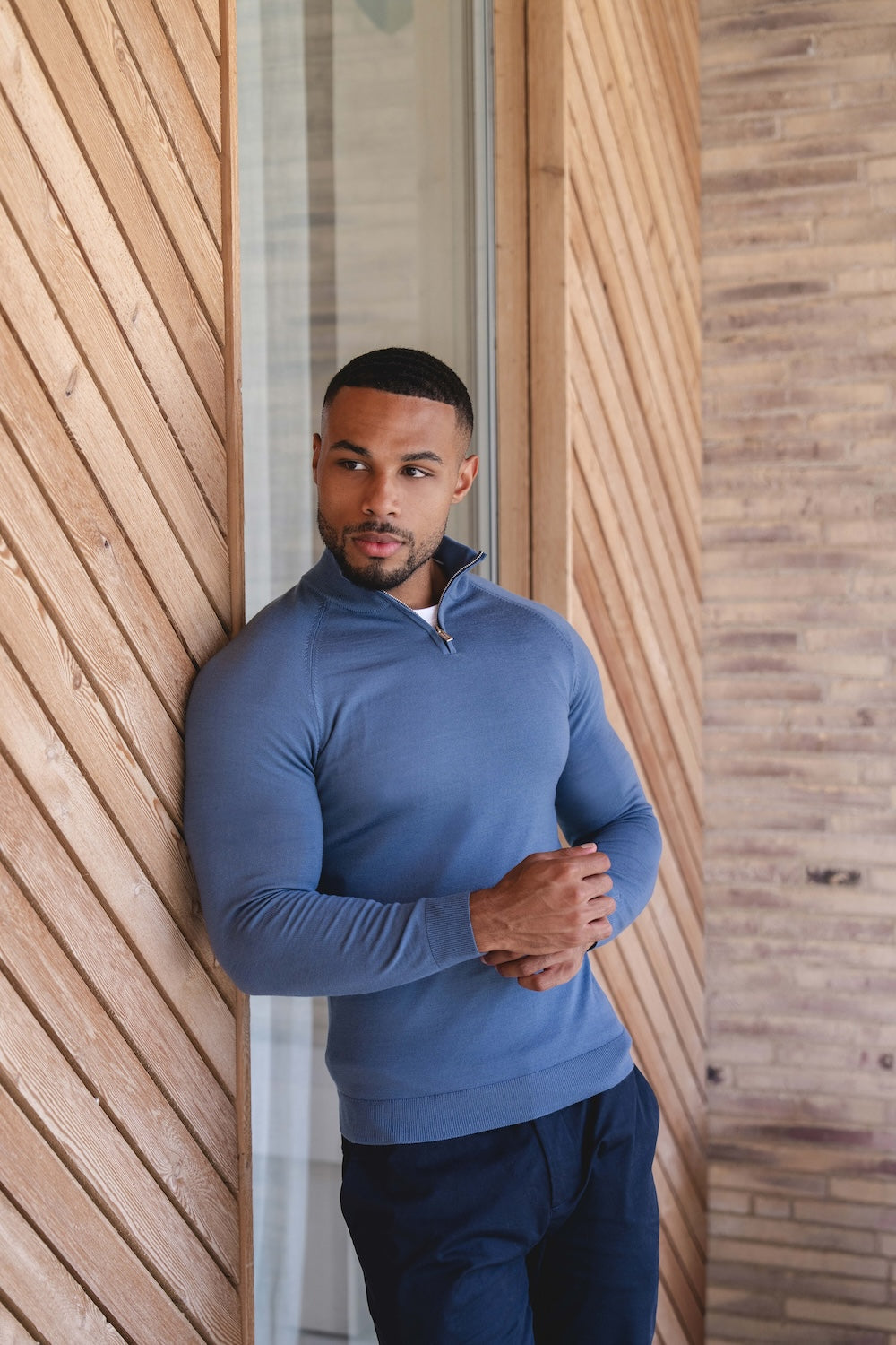 Extra Fine Merino Wool Half Zip Neck Jumper in Airforce Blue