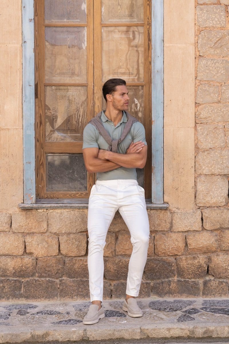 Smart Pleated Cotton Side Adjust Trouser in White - TAILORED ATHLETE - ROW