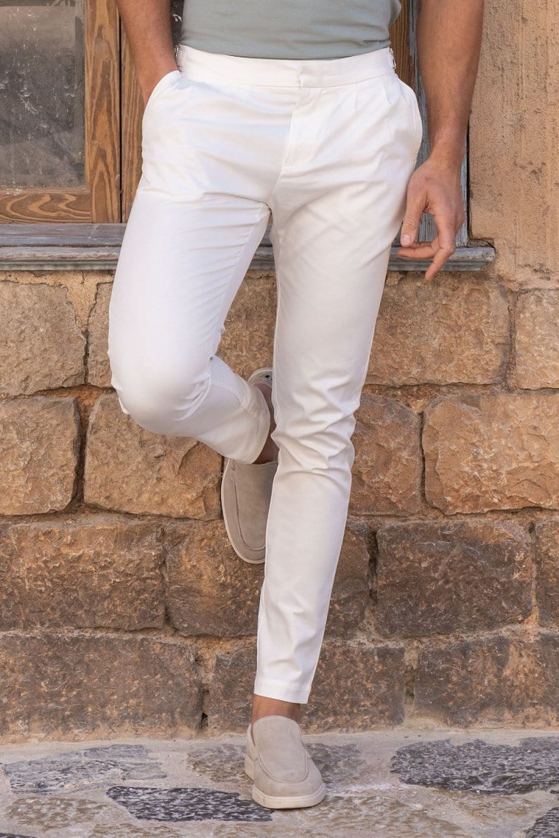 Smart Pleated Cotton Side Adjust Trouser in White - TAILORED ATHLETE - ROW