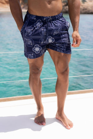 Printed Swim Shorts in Navy/White Paisley Palm - TAILORED ATHLETE - ROW