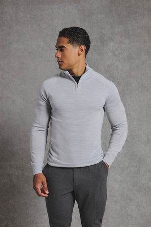 Extra Fine Merino Wool Half Zip Neck Jumper in Dove Grey