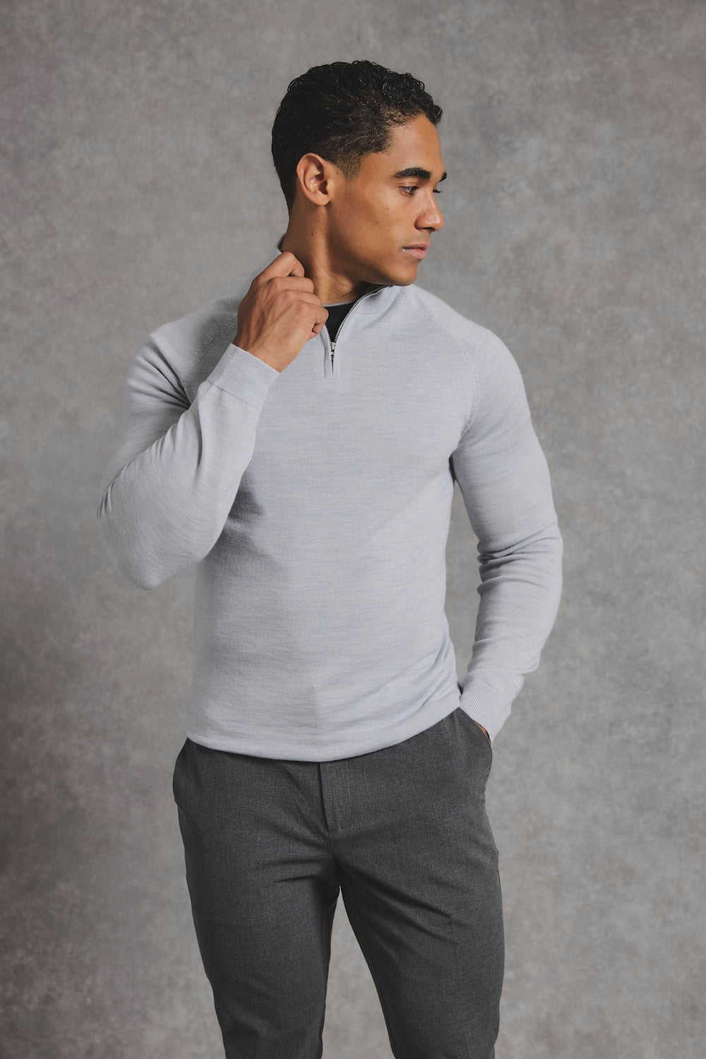 Extra Fine Merino Wool Half Zip Neck Jumper in Dove Grey