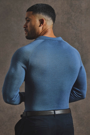 Extra Fine Merino Wool Open Collar Polo Shirt in Airforce Blue