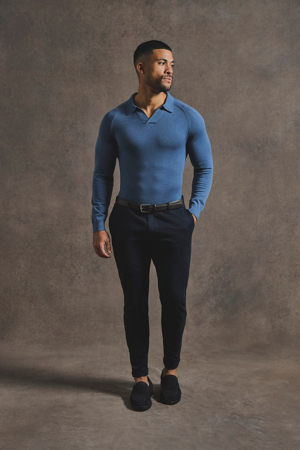 Extra Fine Merino Wool Open Collar Polo Shirt in Airforce Blue