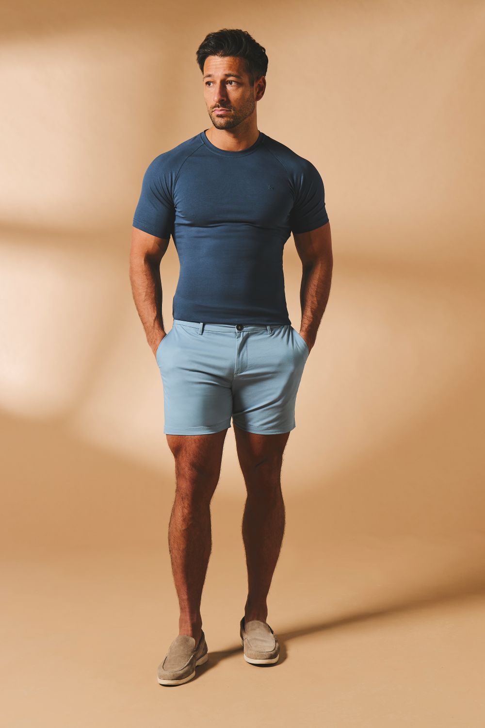 Muscle Fit Chino Shorts - Shorter Length in Light Blue