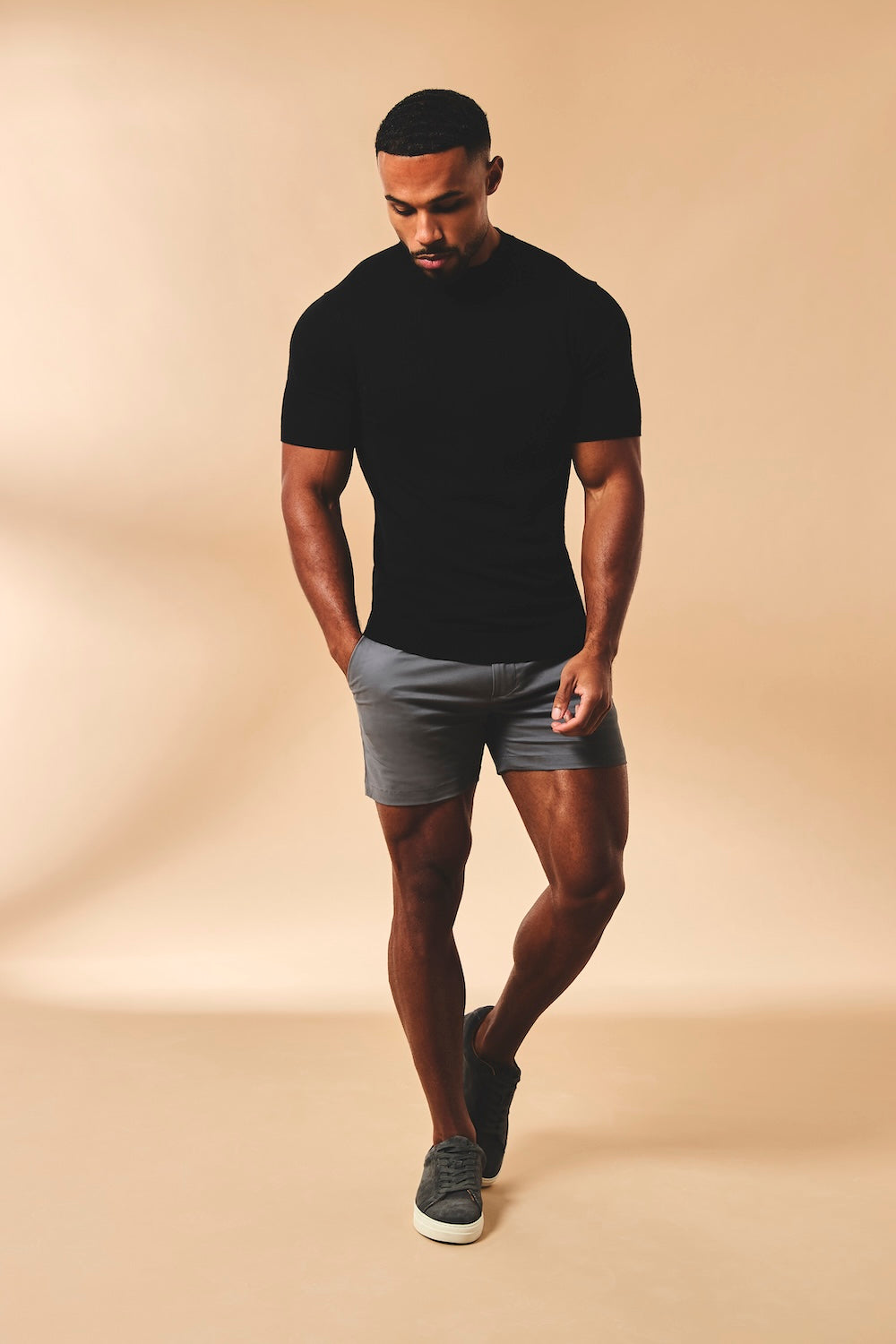 Muscle Fit Stretch Chino Shorts-Shorter Length in Dark Pewter