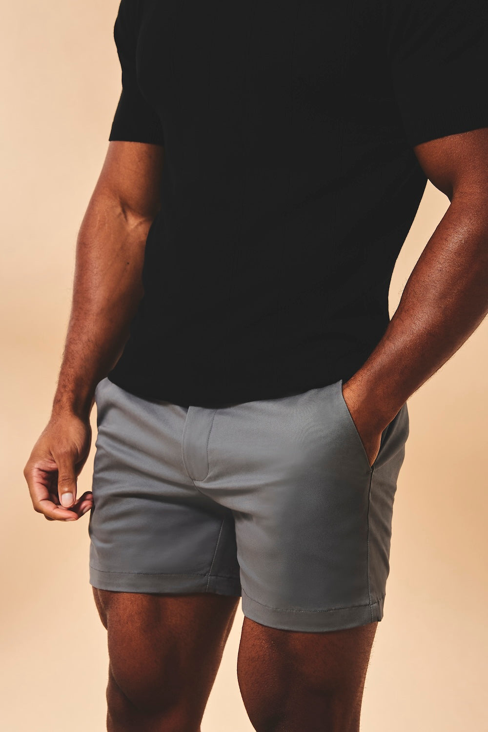 Muscle Fit Stretch Chino Shorts-Shorter Length in Dark Pewter