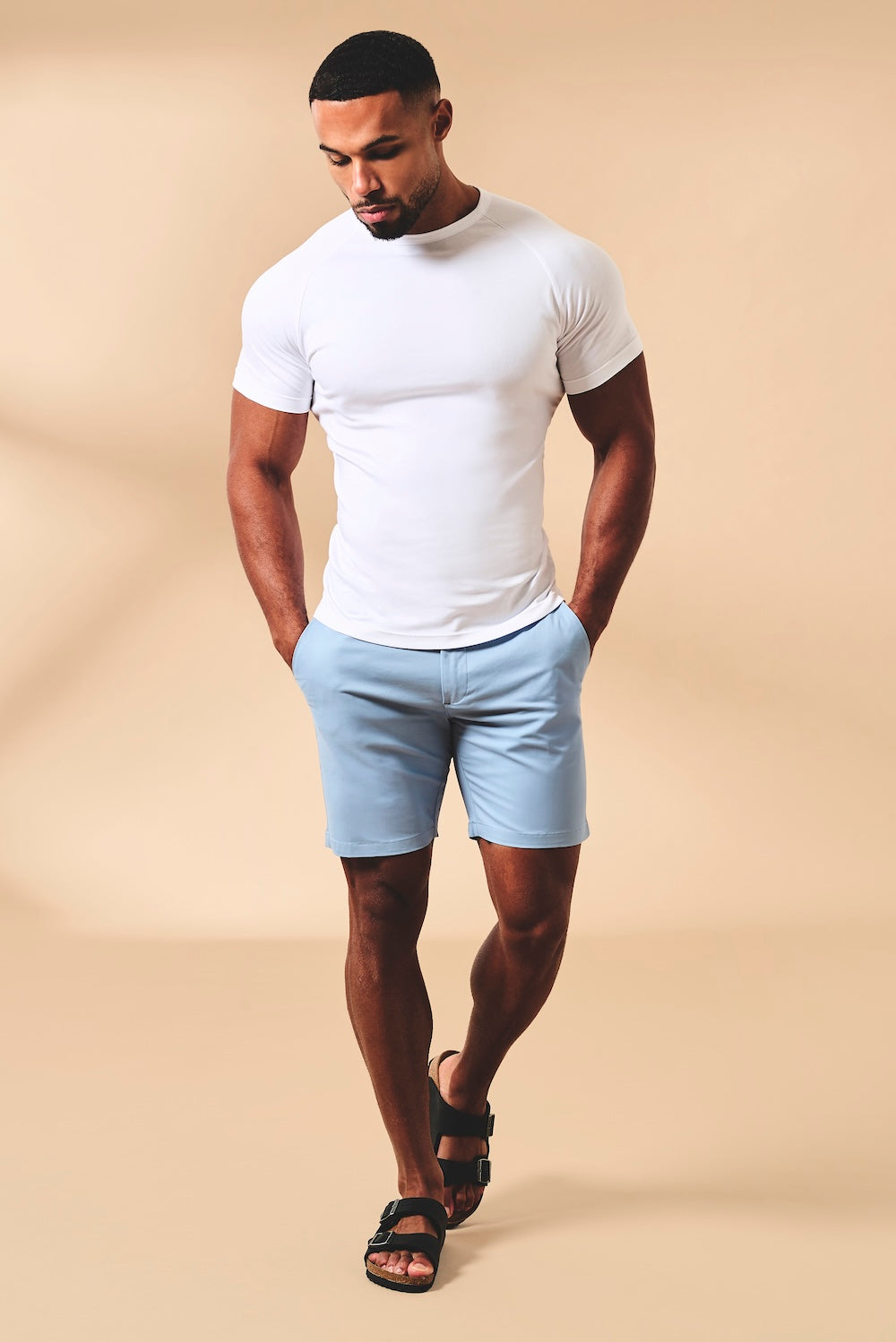 Muscle Fit Stretch Chino Shorts in Light Blue