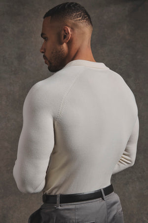 Open Collar Knitted Polo Shirt in Winter White