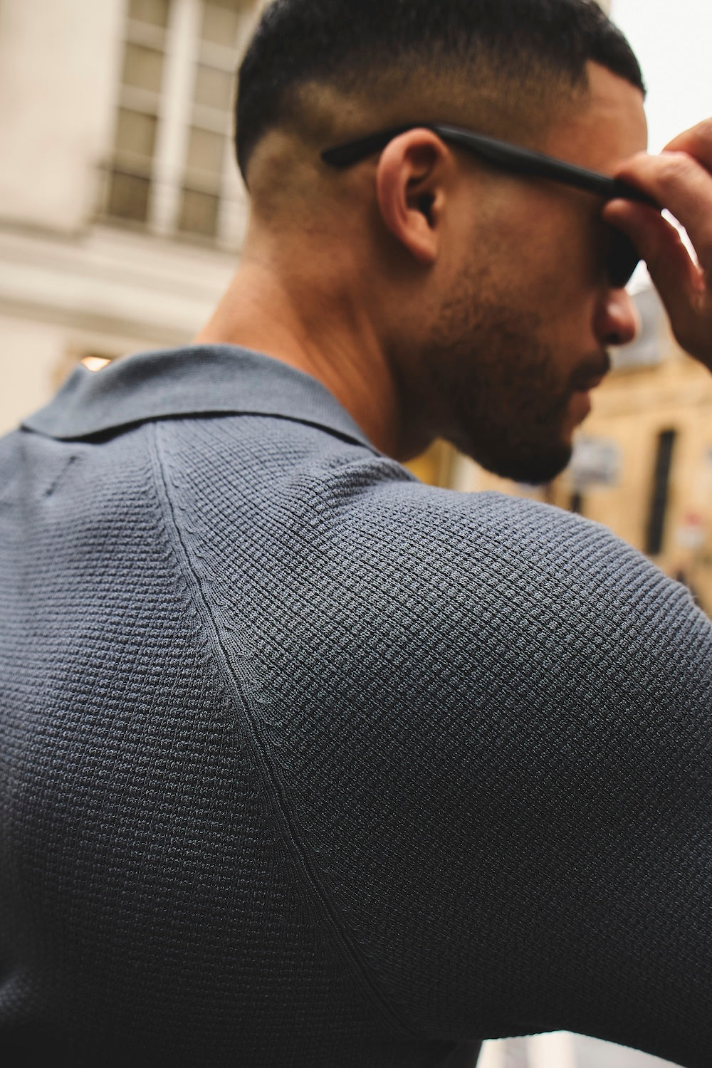 Textured Knitted Open Collar Polo Shirt in Slate Blue