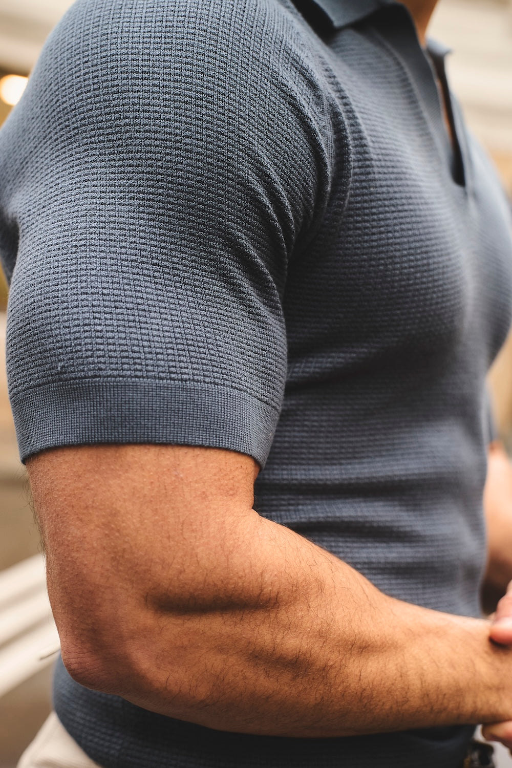 Textured Knitted Open Collar Polo Shirt in Slate Blue