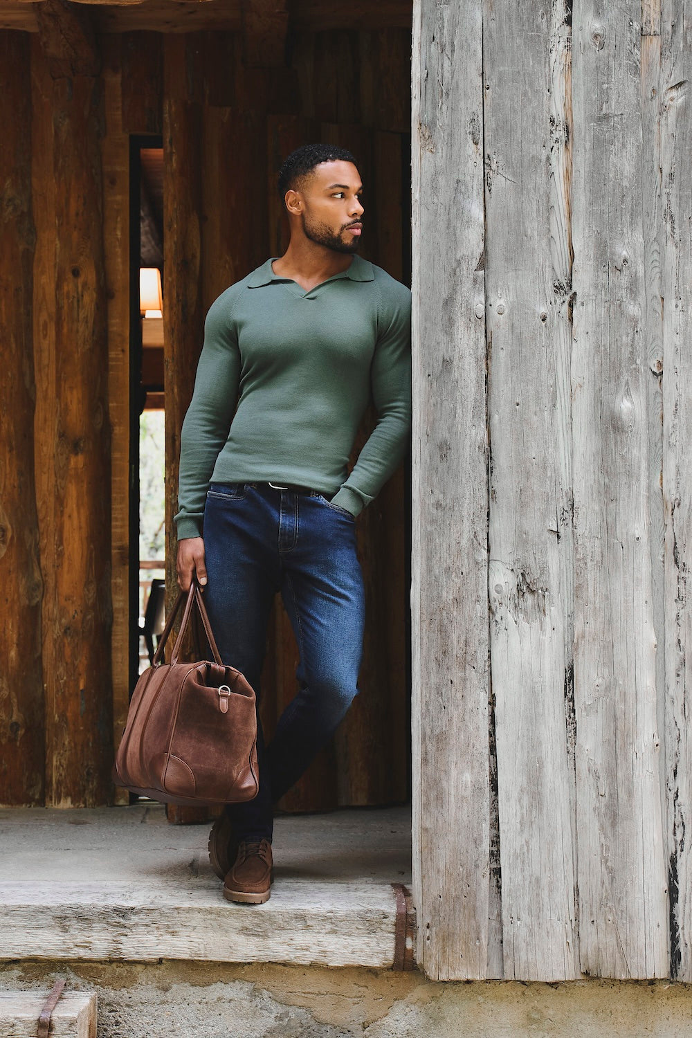Pure Cotton Knitted Open Collar Polo Shirt in Moss Green