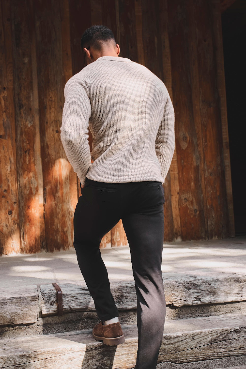 Fisherman Ribbed Open Collar Polo Shirt in Neutral Marl