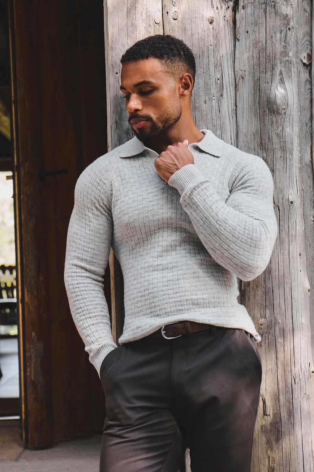 Merino Wool Textured Open Collar Polo Shirt in Soft Grey