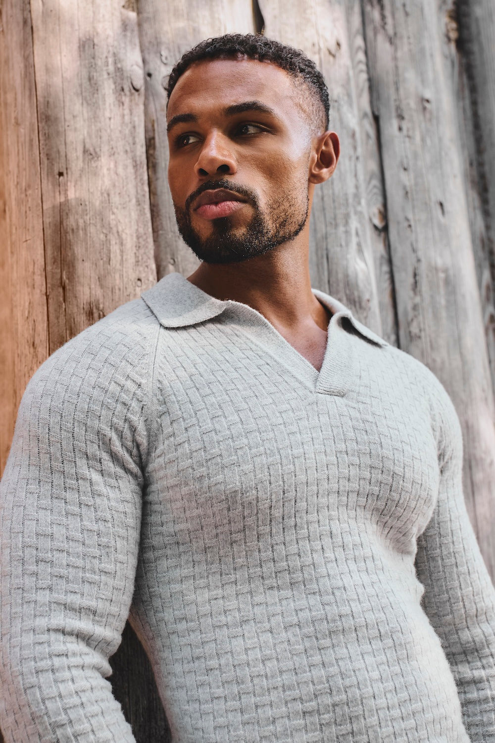 Merino Wool Textured Open Collar Polo Shirt in Soft Grey