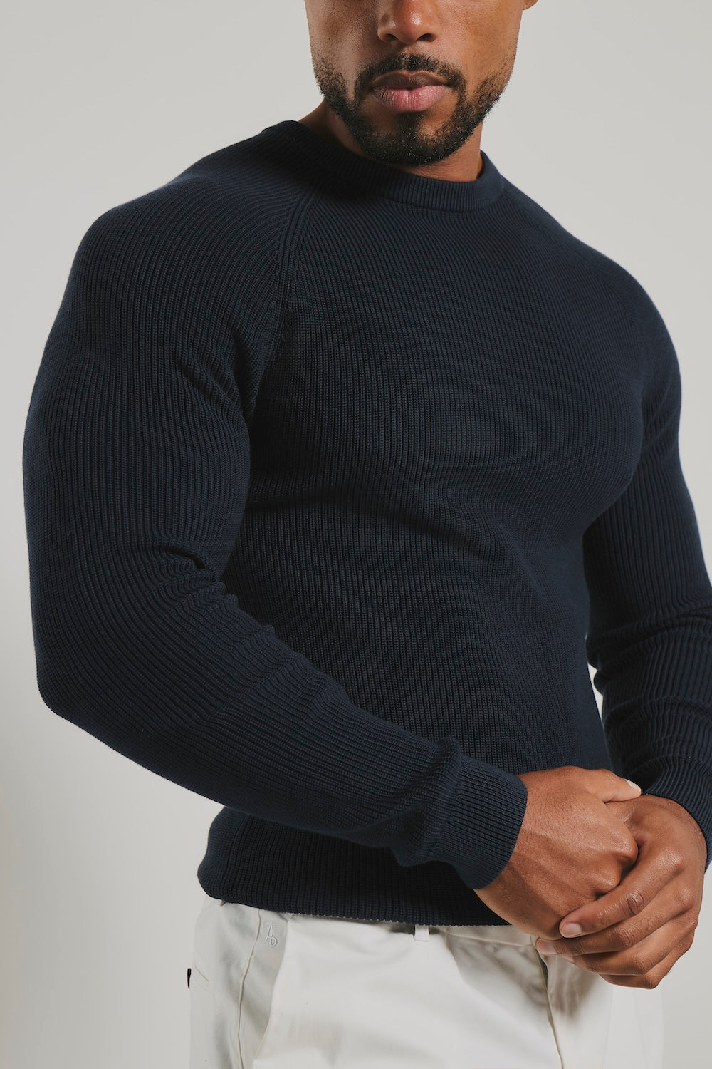 Pure Cotton Knitted Textured Crew Neck Jumper in Navy