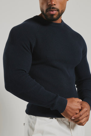 Pure Cotton Knitted Textured Crew Neck Jumper in Navy