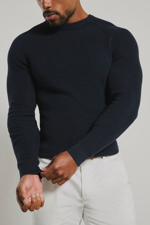 Pure Cotton Knitted Textured Crew Neck Jumper in Navy