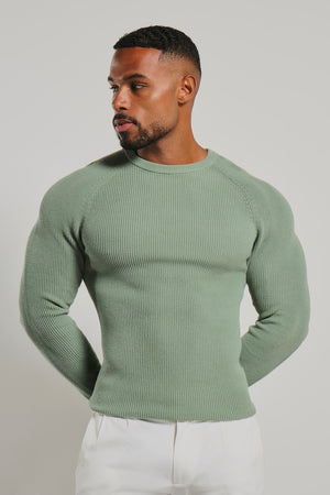 Pure Cotton Knitted Textured Crew Neck Jumper in Sage