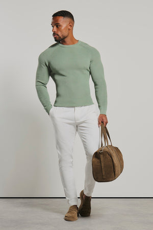 Pure Cotton Knitted Textured Crew Neck Jumper in Sage