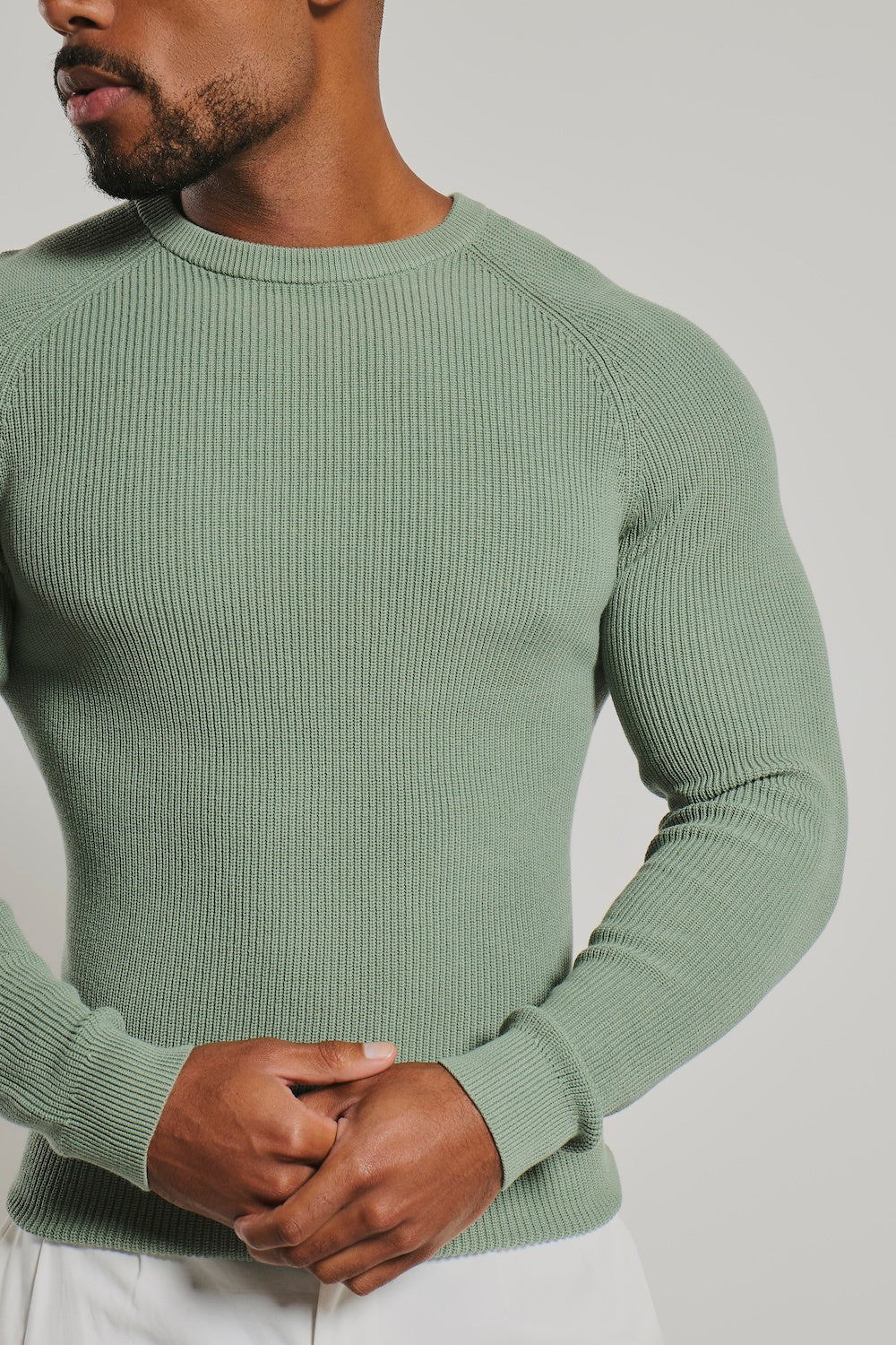 Pure Cotton Knitted Textured Crew Neck Jumper in Sage