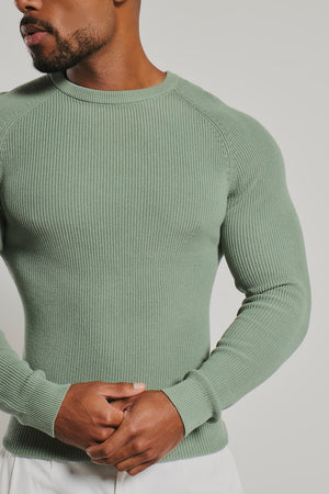Pure Cotton Knitted Textured Crew Neck Jumper in Sage